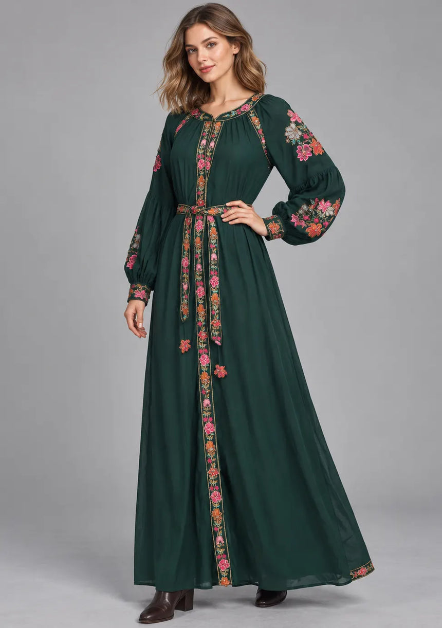 ibBan Floral Cotton Long Dress wint Hand Embroidery - Zayra