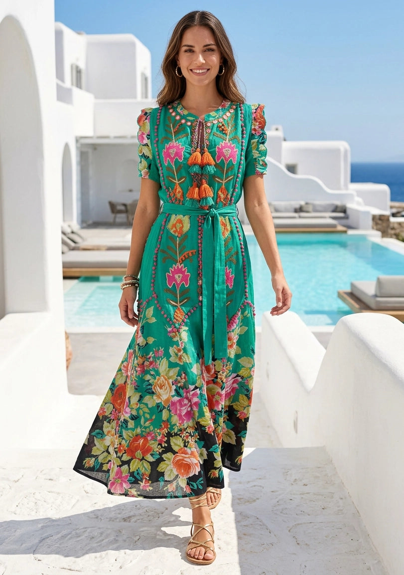 ibBan Floral Hand Embroidered Cotton Long Dres -Nagozi
