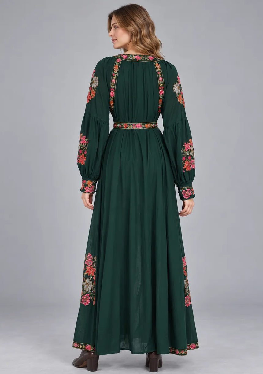 ibBan Floral Cotton Long Dress wint Hand Embroidery - Zayra