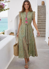 Women's Hand Embroidered Luxury Cotton Long Dress Round Tie-Up Neck - Seliza