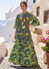 ibBan Embroidered Boho Cotton Maxi Dress with Tassel Tie - Fabiza
