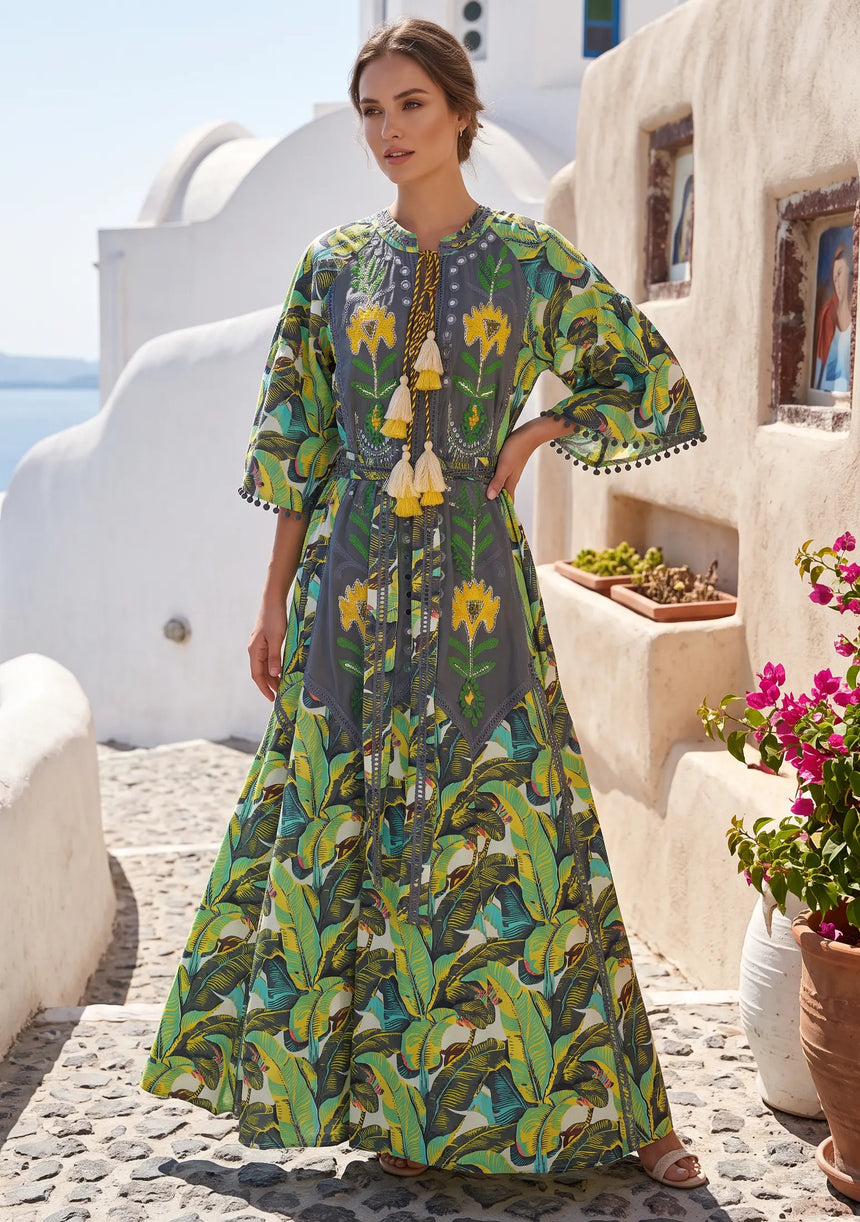ibBan Embroidered Boho Cotton Maxi Dress with Tassel Tie - Fabiza