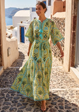 ibBan Hand-Embroidered Cotton Long Dress with Palm Print - Nashwa
