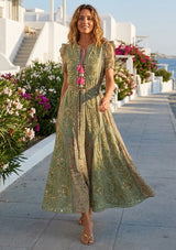 Women's Hand Embroidered Luxury Cotton Long Dress Round Tie-Up Neck - Seliza