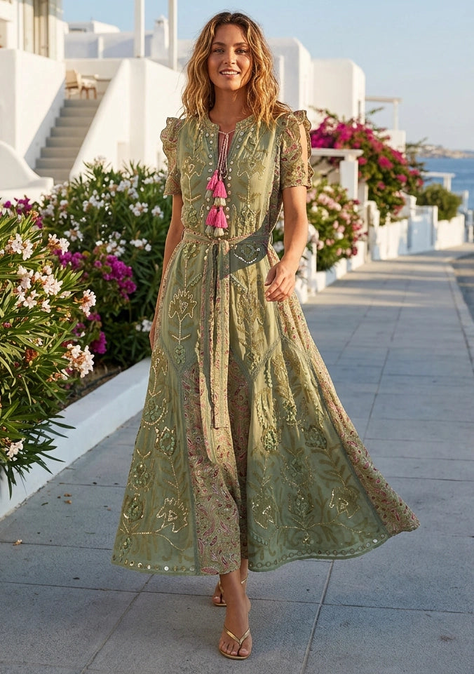 Women's Hand Embroidered Luxury Cotton Long Dress Round Tie-Up Neck - Seliza