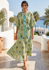 ibBan Hand-Embroidered Cotton Long Dress with Palm Print - Nashwa