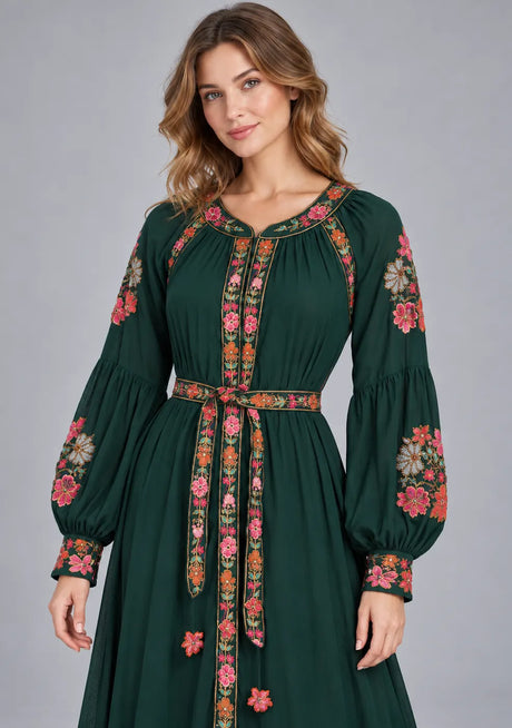 ibBan Floral Cotton Long Dress wint Hand Embroidery - Zayra