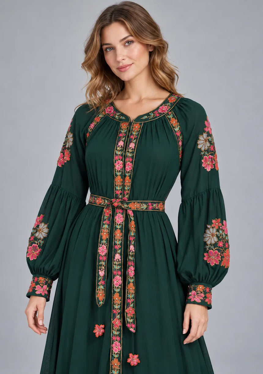 ibBan Floral Cotton Long Dress wint Hand Embroidery - Zayra