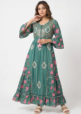 ibBan Floral Cotton Maxi Dress with Bell Sleeves - Jumani