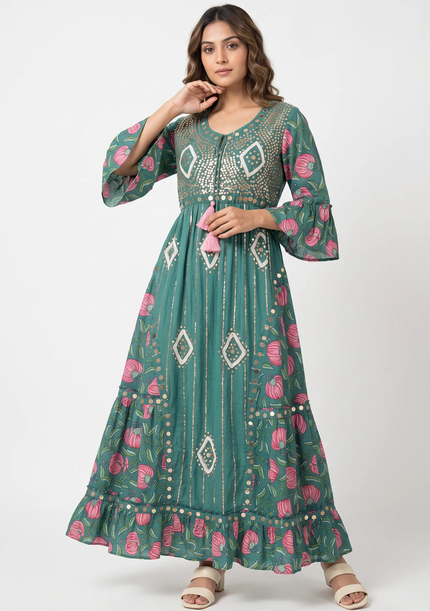 ibBan Floral Cotton Maxi Dress with Bell Sleeves - Jumani