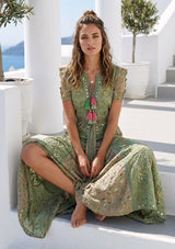 Women's Hand Embroidered Luxury Cotton Long Dress Round Tie-Up Neck - Seliza