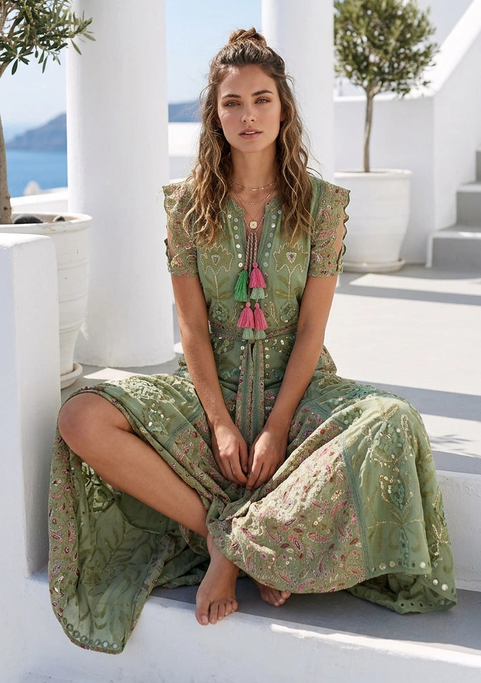 Women's Hand Embroidered Luxury Cotton Long Dress Round Tie-Up Neck - Seliza