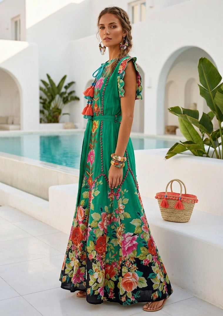 ibBan Floral Hand Embroidered Cotton Long Dres -Nagozi