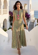 Women's Hand Embroidered Luxury Cotton Long Dress Round Tie-Up Neck - Seliza