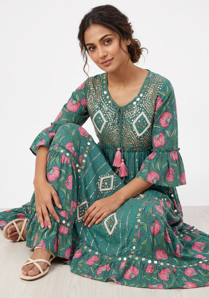 ibBan Floral Cotton Maxi Dress with Bell Sleeves - Jumani