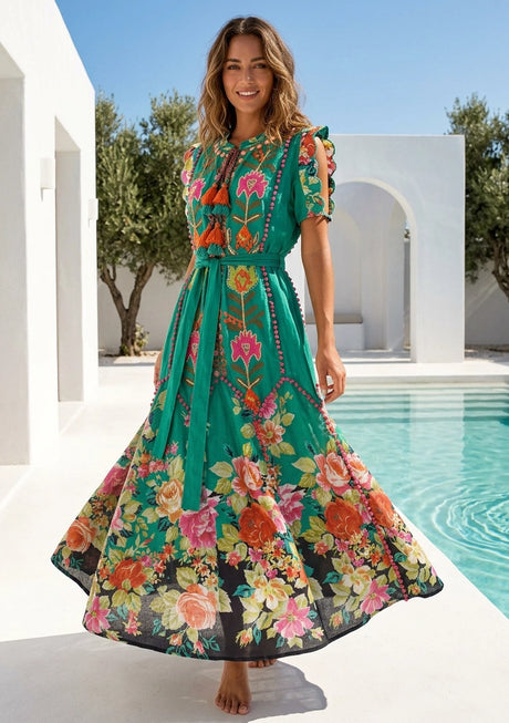 Vestido Maxi de Algodón Bordado a Mano para Mujer Cuello Redondo - Nagozi