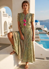Women's Hand Embroidered Luxury Cotton Long Dress Round Tie-Up Neck - Seliza