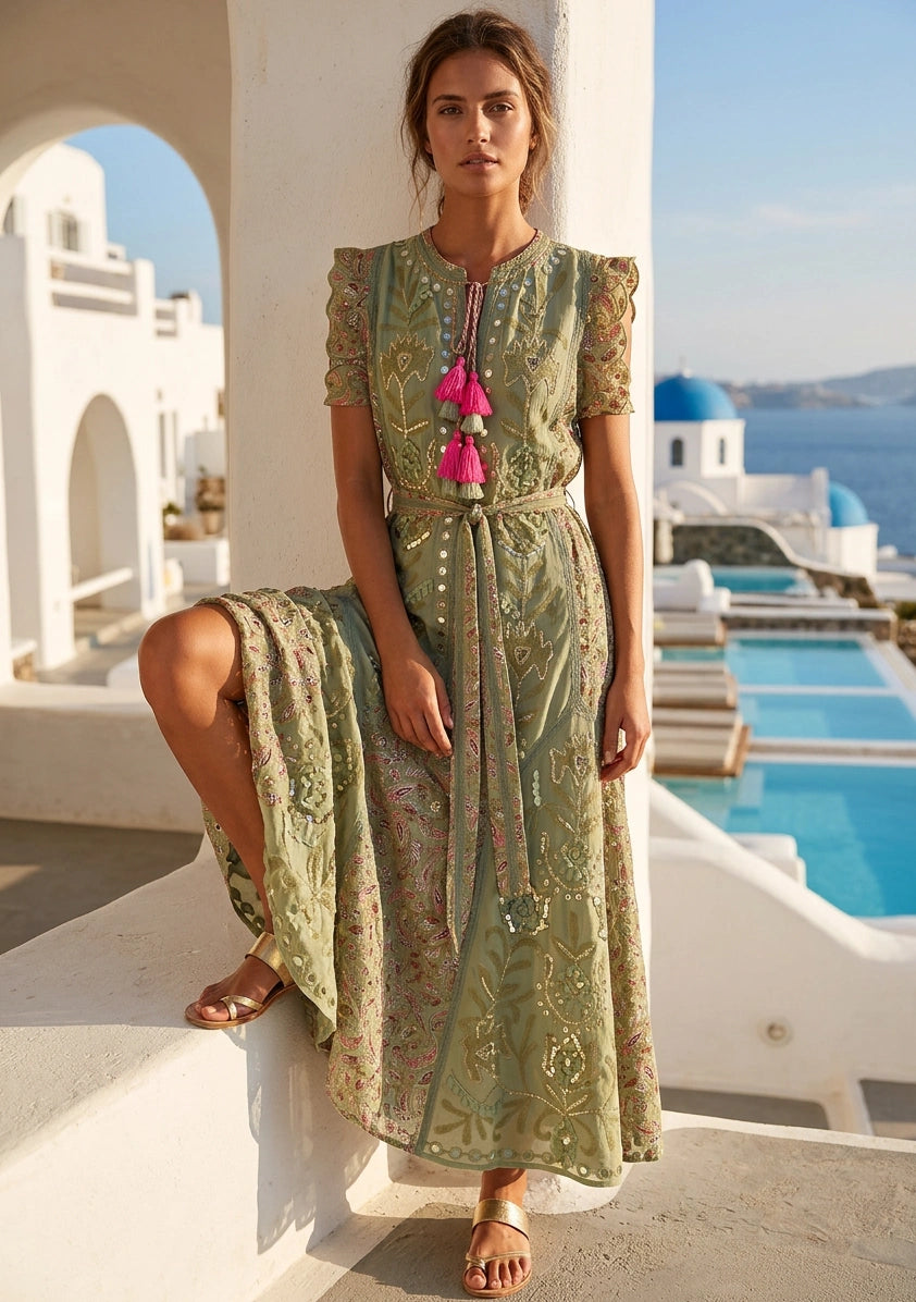 Women's Hand Embroidered Luxury Cotton Long Dress Round Tie-Up Neck - Seliza