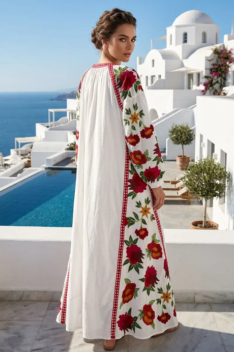Vestido Largo de Algodón Bordado a Mano para Mujer Cuello Redondo - Gitana