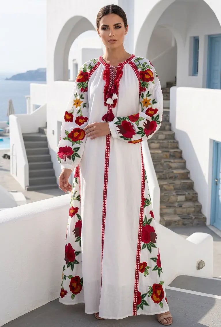 Women's Hand Embroidered Cotton Maxi Dress Round Neck - Gypsy