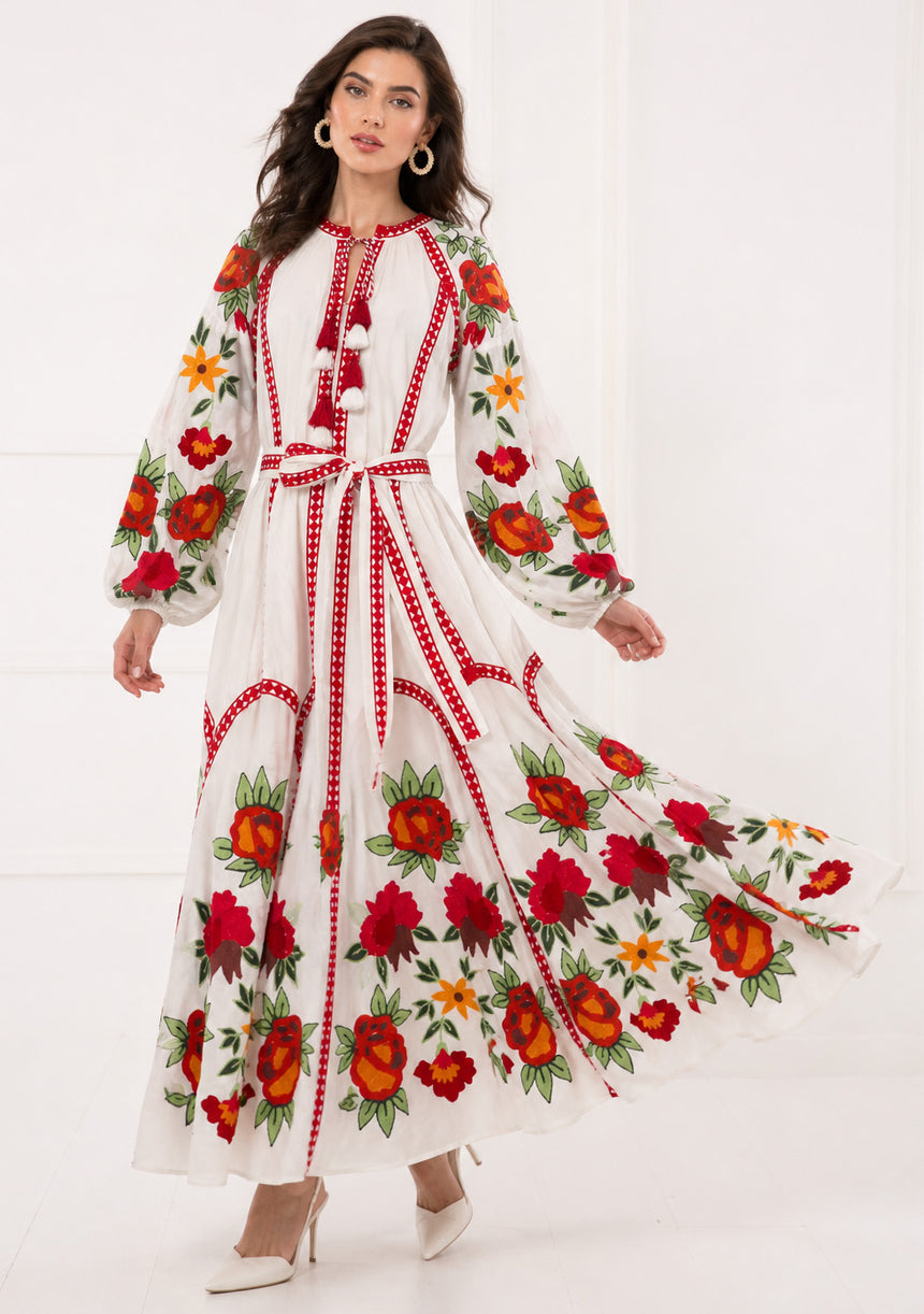 Vestido largo de algodón con cuello redondo para mujer - Raso