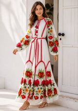 Vestido largo de algodón con cuello redondo para mujer - Raso