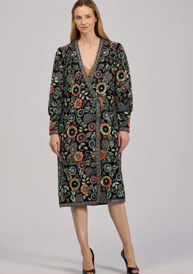 Women's Black Designer Embroidered Long Winter Coat - Rio