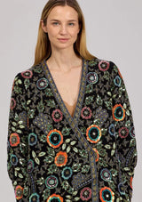 Women's Black Designer Embroidered Long Winter Coat - Rio