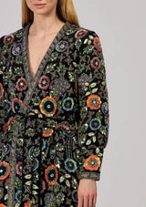 Women's Black Designer Embroidered Long Winter Coat - Rio