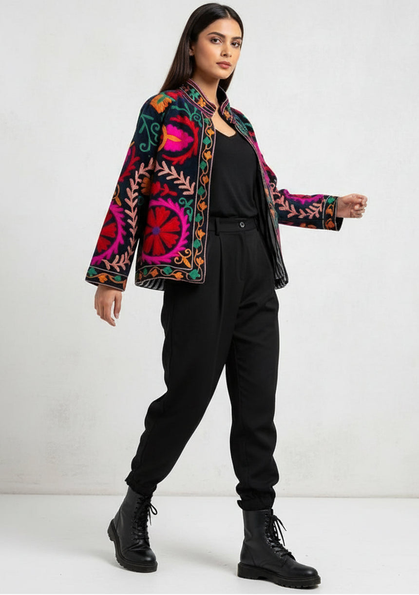 ibBan Embroidered Cotton Canvas Jacket for Women | Statement Artisan Jacket - Lessia