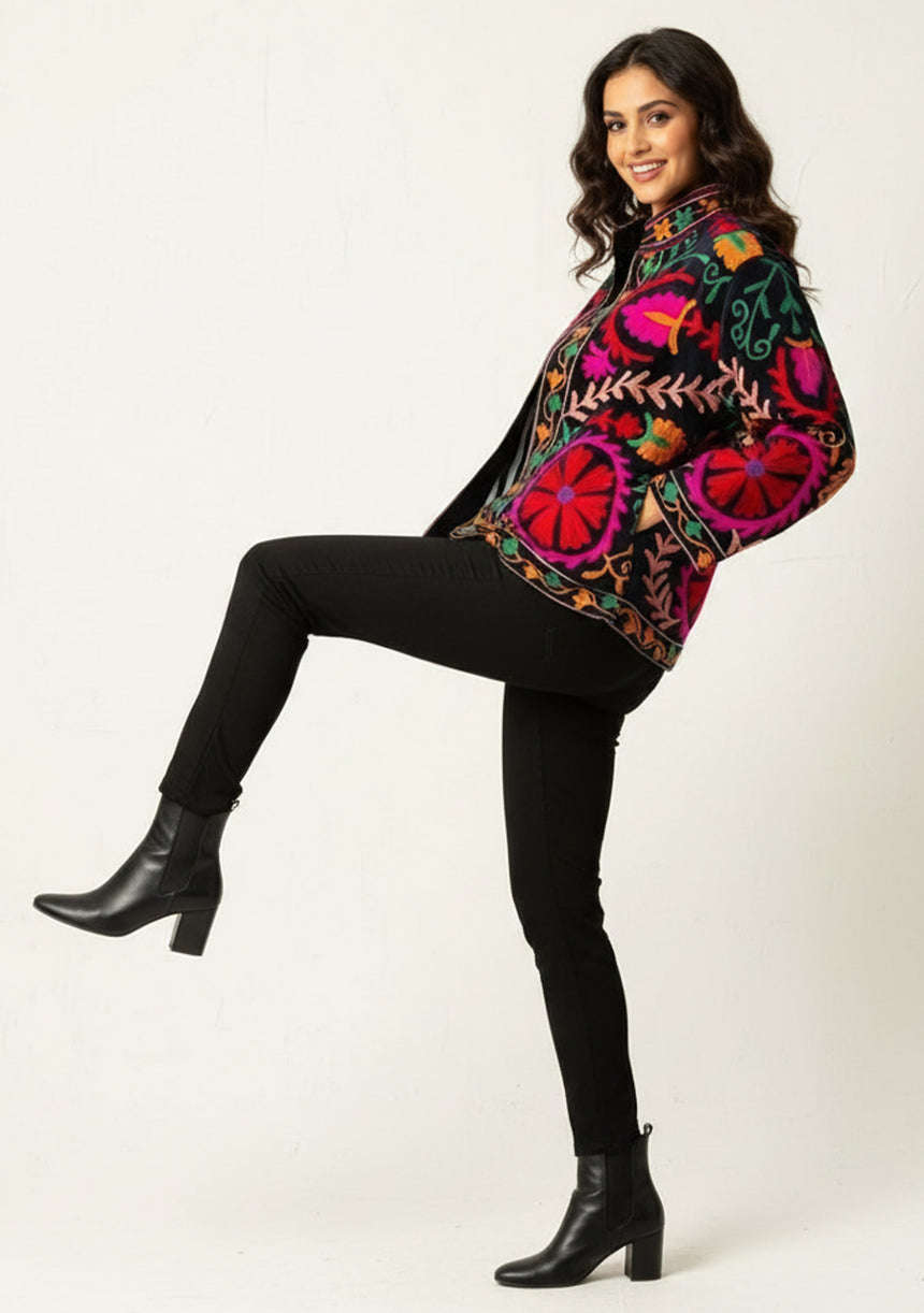 ibBan Embroidered Cotton Canvas Jacket for Women | Statement Artisan Jacket - Lessia