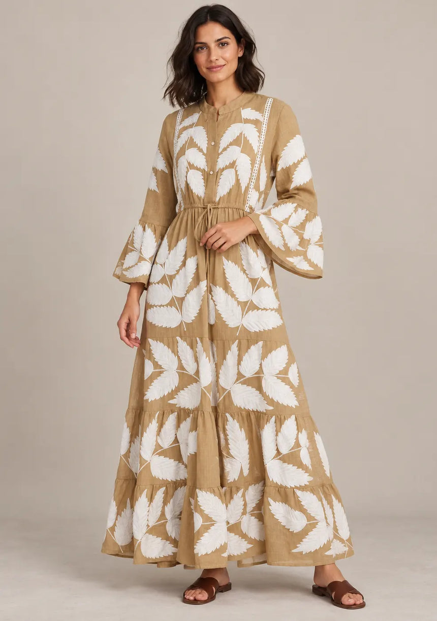 ibBan Leaf Print Cotton Maxi Dress with Tassel Tie - Livia