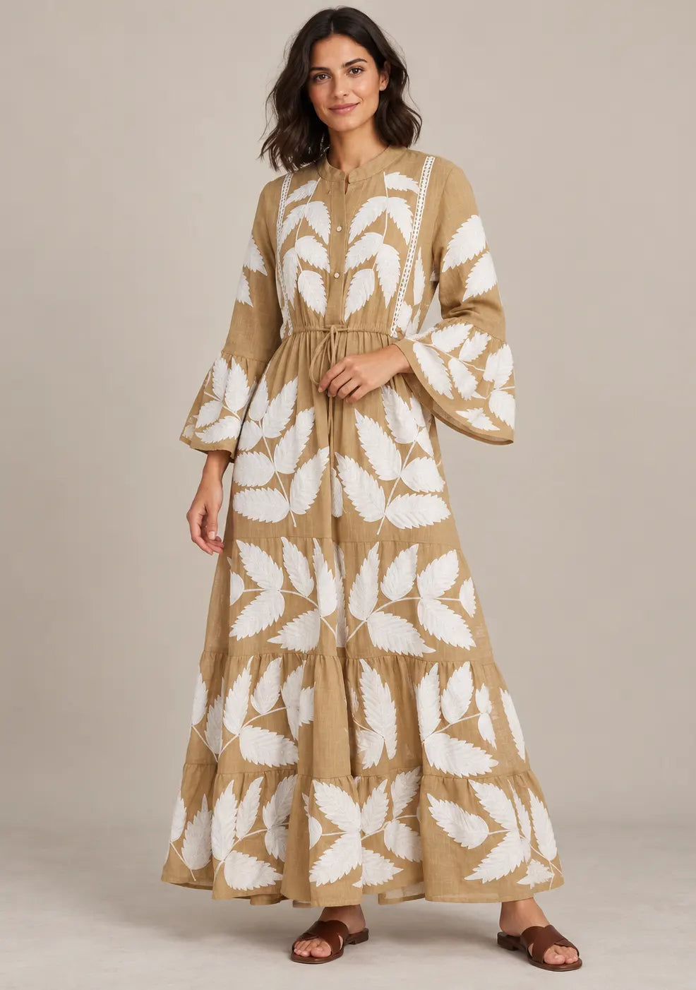 ibBan Leaf Hand Embroidery Cotton Long Tunic - Livia