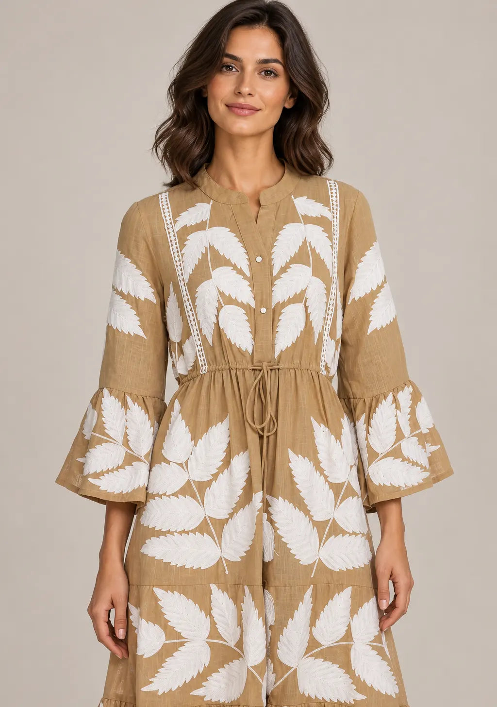 ibBan Leaf Hand Embroidery Cotton Long Tunic - Livia