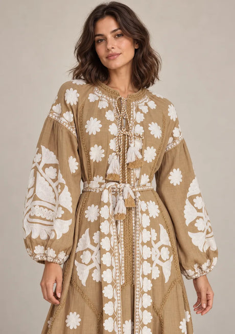 ibBan Floral Print Cotton Maxi Dress with Tassel Tie - Ayat