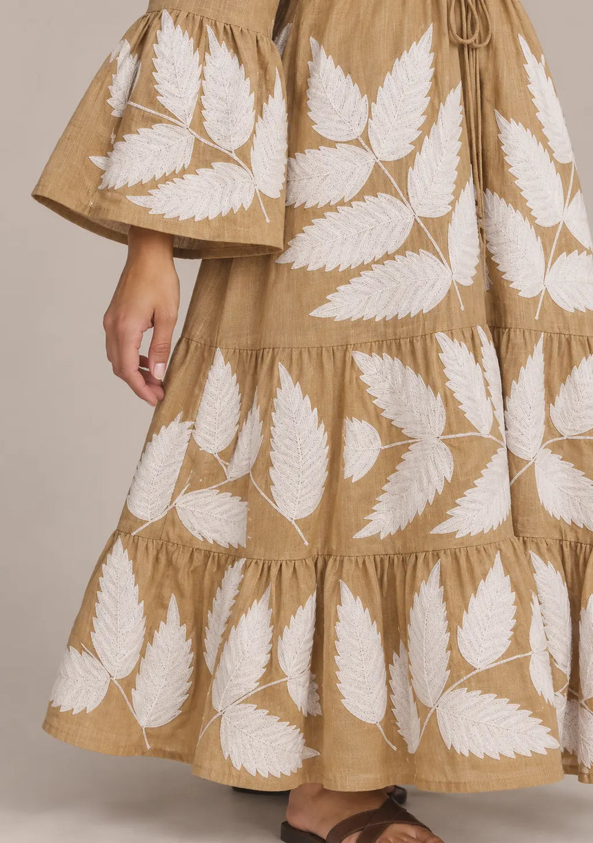 ibBan Leaf Print Cotton Maxi Dress with Tassel Tie - Livia