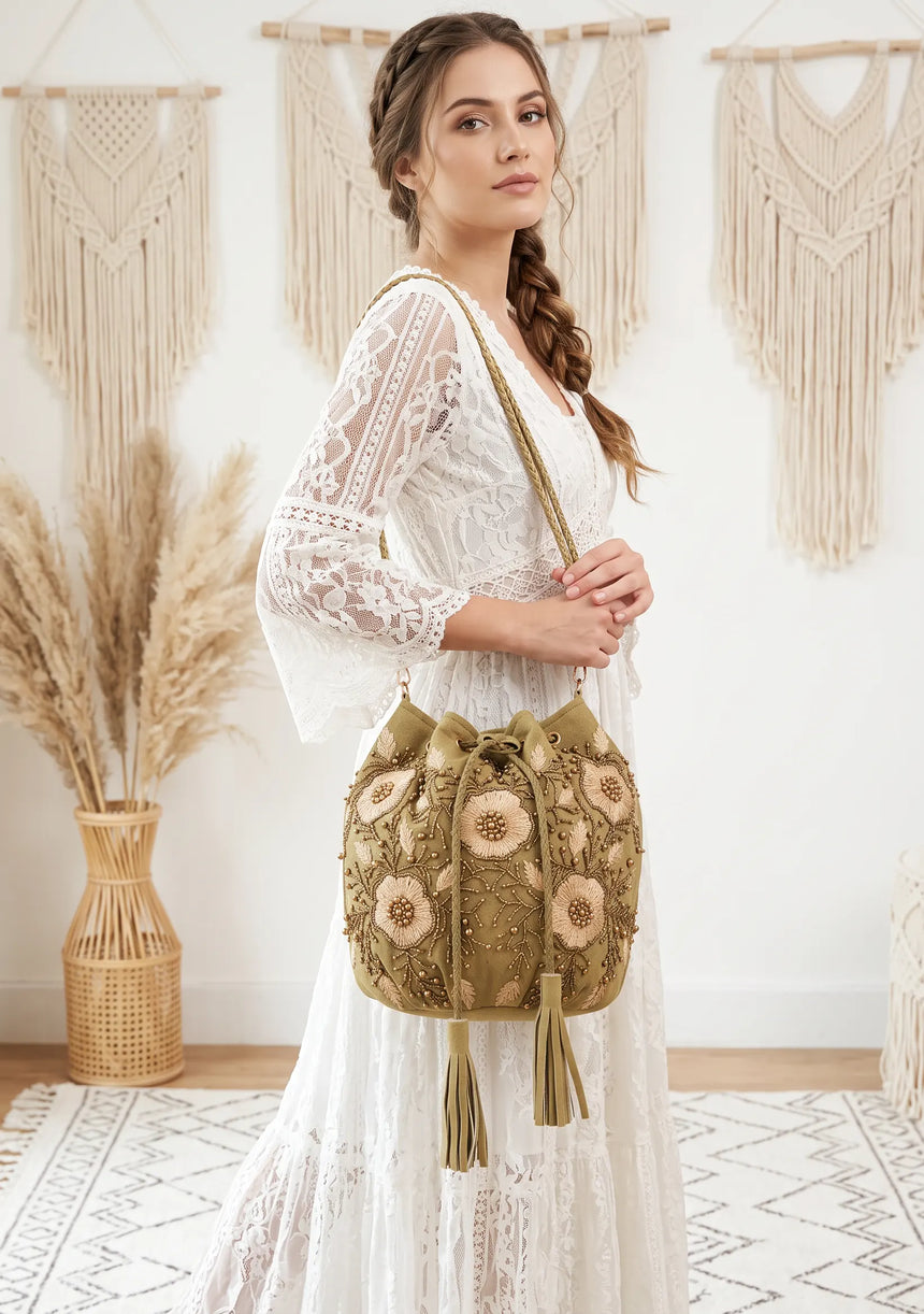 ibBan Floral Embellished Canvas Bucket Bag - Johri