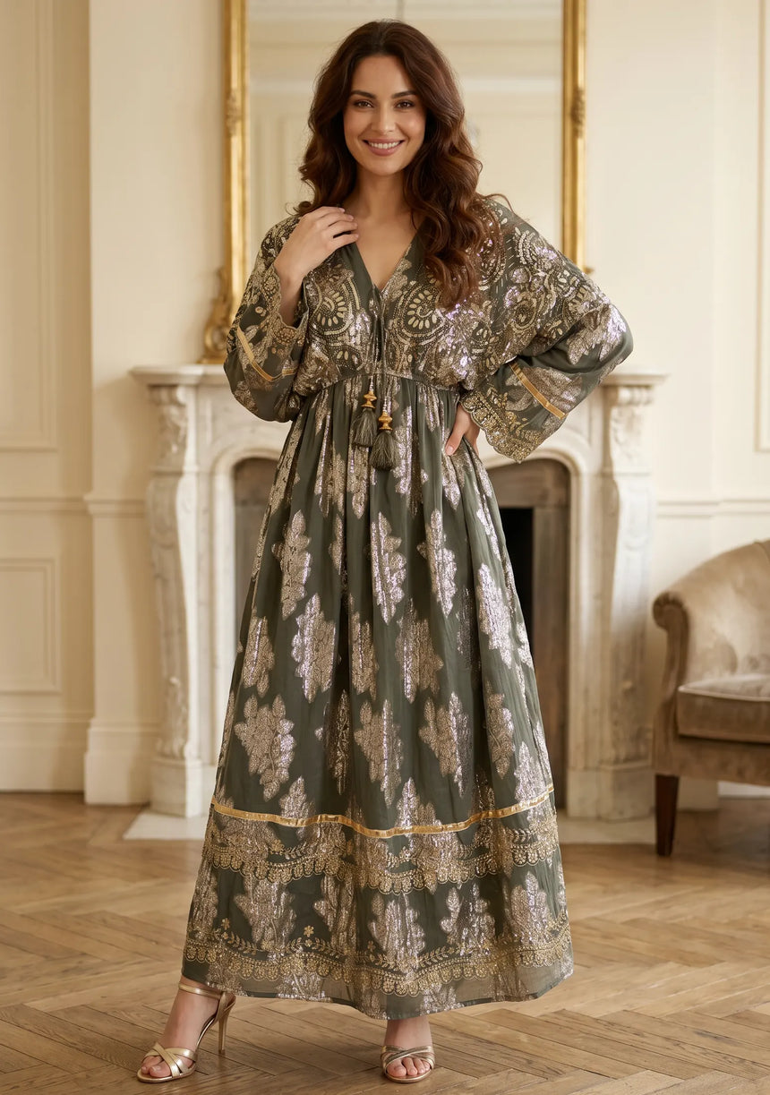 ibBan Hand Embroidered Cotton Lurex Winter Maxi Dress | Luxury Women's Fashion - Sofiya