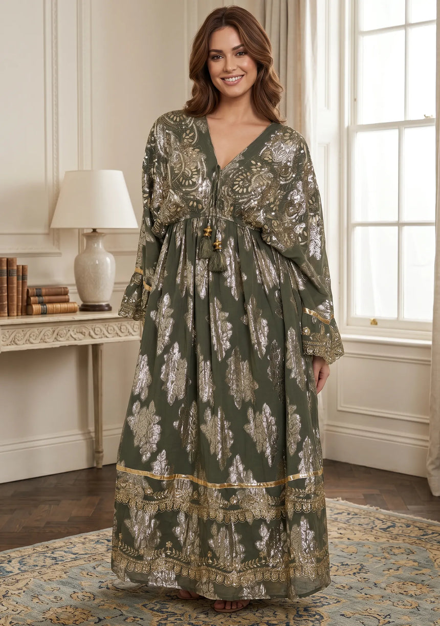 ibBan Hand Embroidered Cotton Lurex Winter Maxi Dress | Luxury Women's Fashion - Sofiya