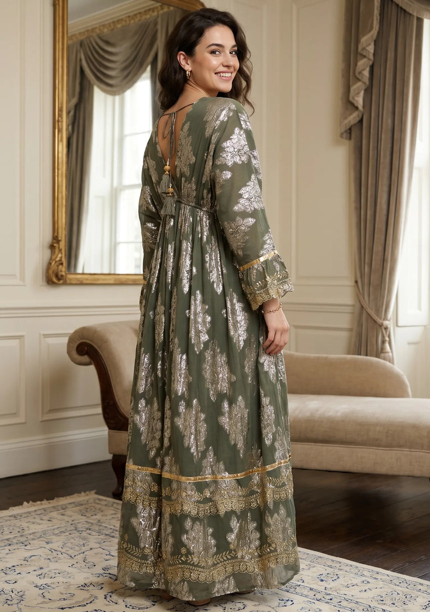 ibBan Hand Embroidered Cotton Lurex Winter Maxi Dress | Luxury Women's Fashion - Sofiya