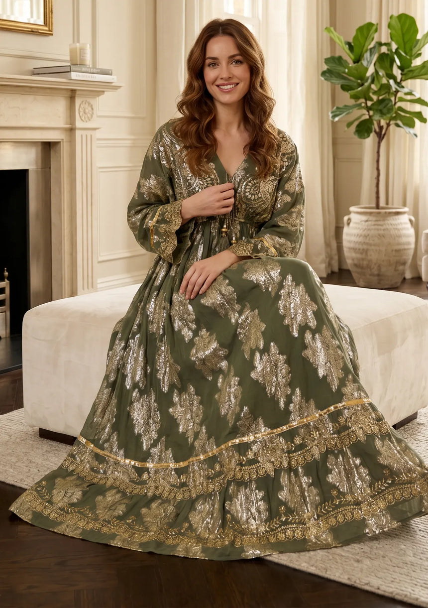 ibBan Hand Embroidered Cotton Lurex Winter Maxi Dress | Luxury Women's Fashion - Sofiya