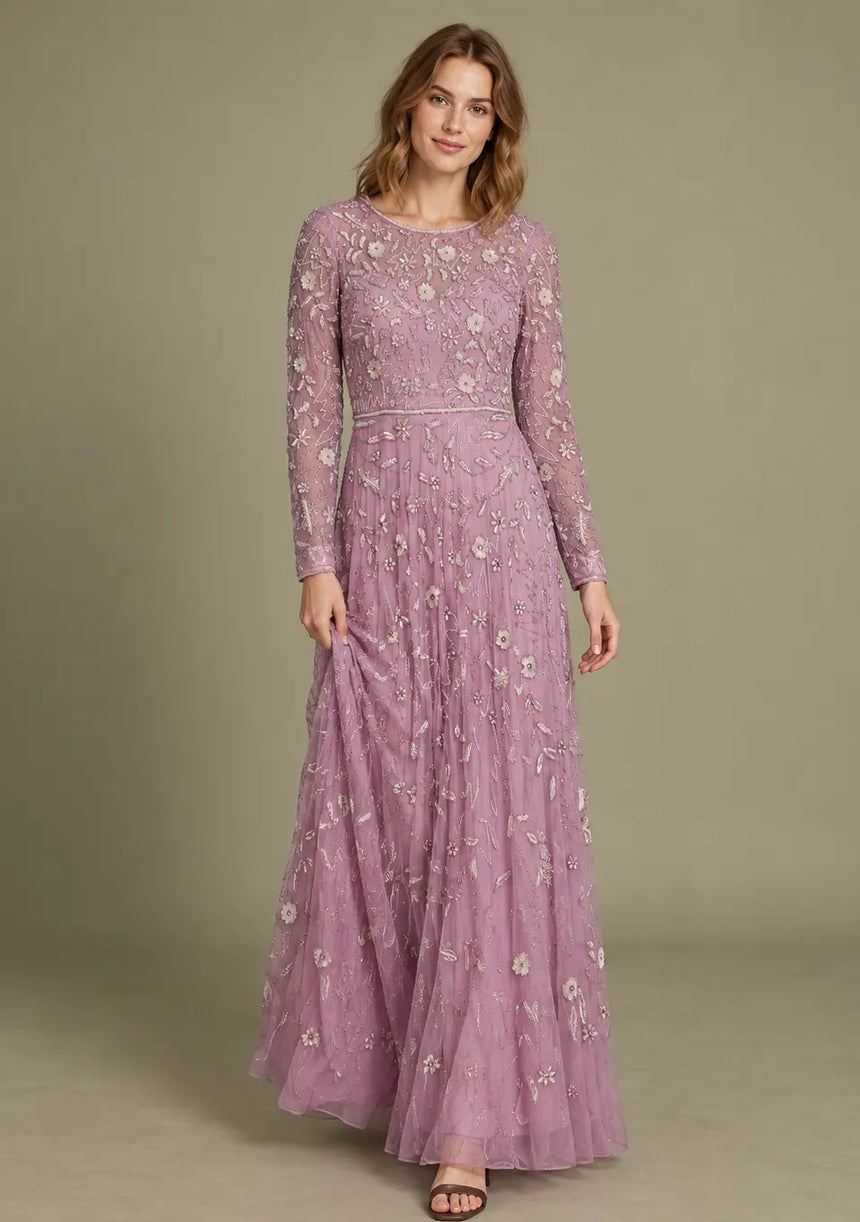 Women’s Net Long Dress with Floral Hand Embroidery-Arzoo