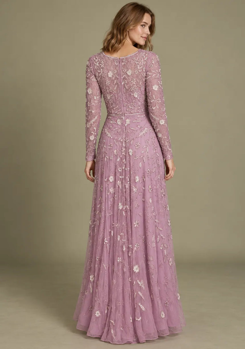 Women’s Net Long Dress with Floral Hand Embroidery-Arzoo