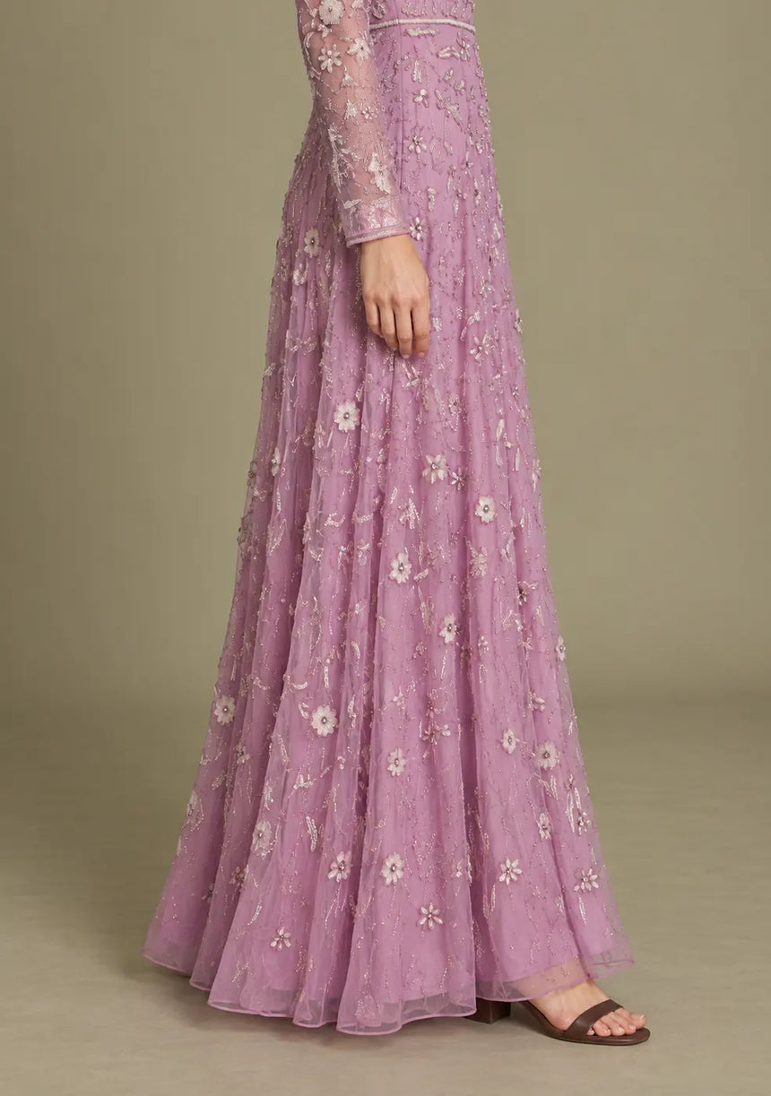 Women’s Net Long Dress with Floral Hand Embroidery-Arzoo