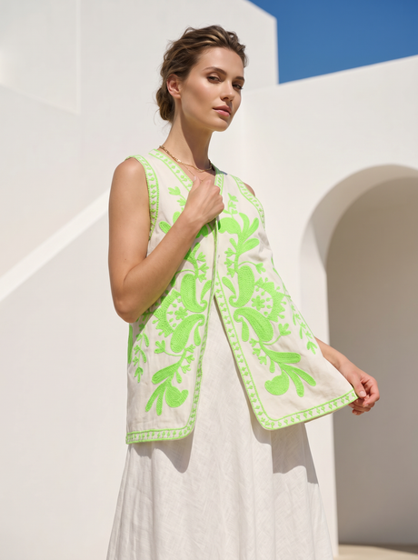ibBan Hand Embroidered Summer Vest | Women's Cotton Canvas Designer Vest - Perla