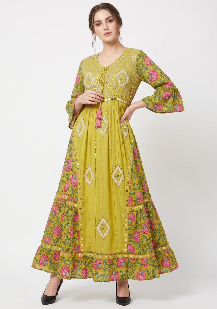 ibBan Floral Cotton Maxi Dress with Bell Sleeves - Jumani