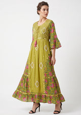ibBan Floral Cotton Maxi Dress with Bell Sleeves - Jumani