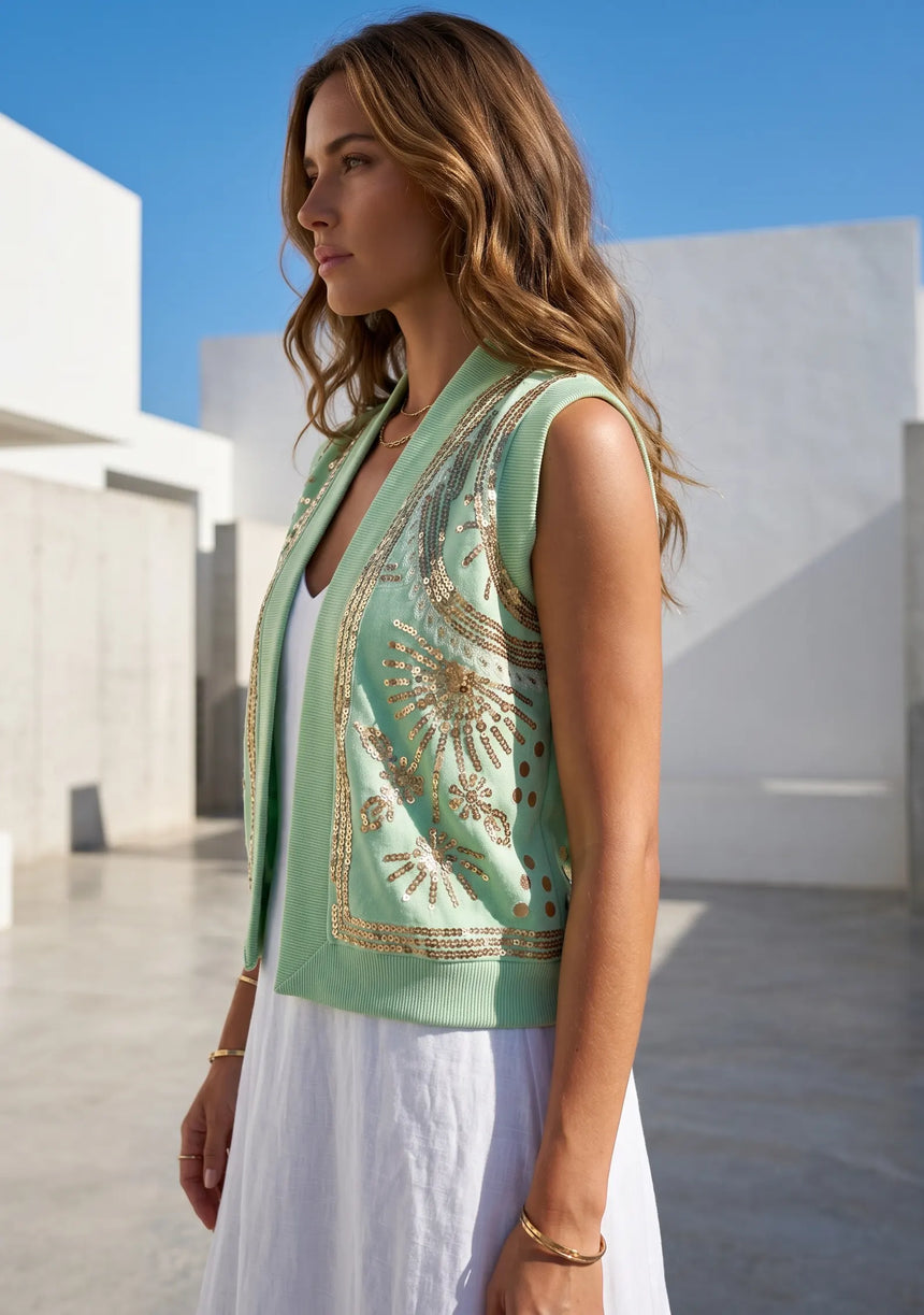 ibBan Hand Embroidered Cotton Canvas Gilet | Luxury Women's Statement Vest - Yara