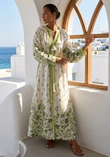 ibBan Printed Cotton Maxi Dress with Hand Embroidery | Luxury Resort Wear - Aizal long dress