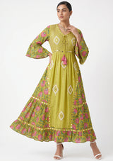 ibBan Floral Cotton Maxi Dress with Bell Sleeves - Jumani